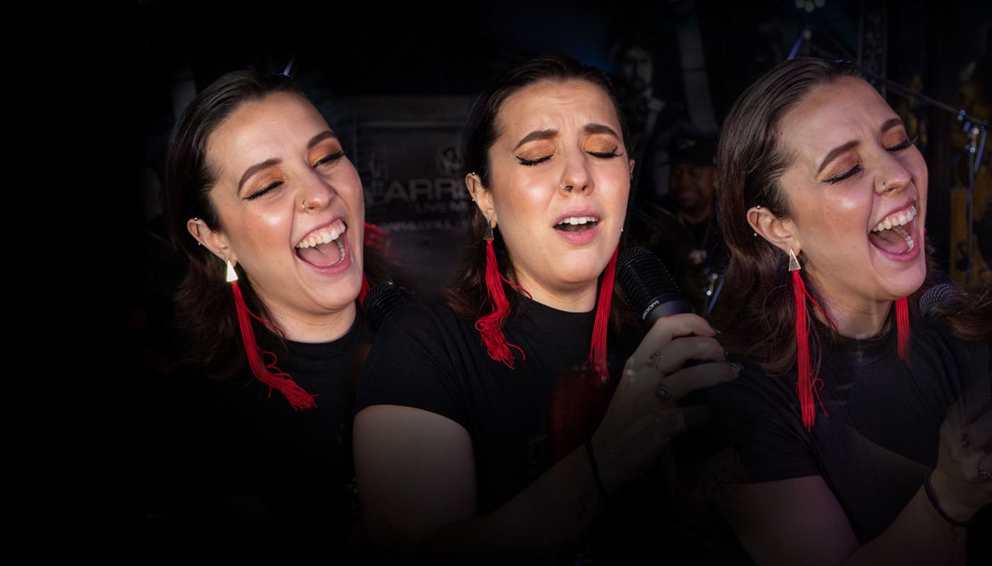 4 portraits of same person singing with different expressions on each face