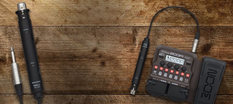 A1X Four and Zoom MAA-1 mic adapter on wooden background