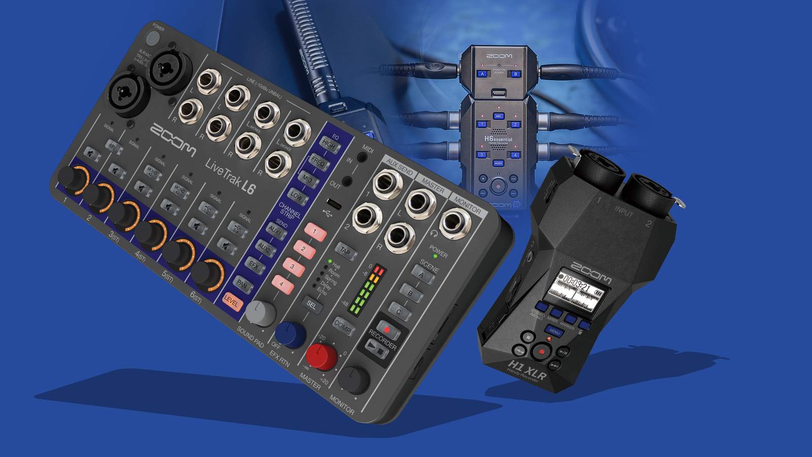 青を基調とした背景に、LiveTrak L6とH1 XLRをメインに、H6essential用ショットガンマイクと拡張入力ユニットも配置したイメージ