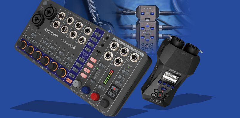 青を基調とした背景に、LiveTrak L6とH1 XLRをメインに、H6essential用ショットガンマイクと拡張入力ユニットも配置したイメージ