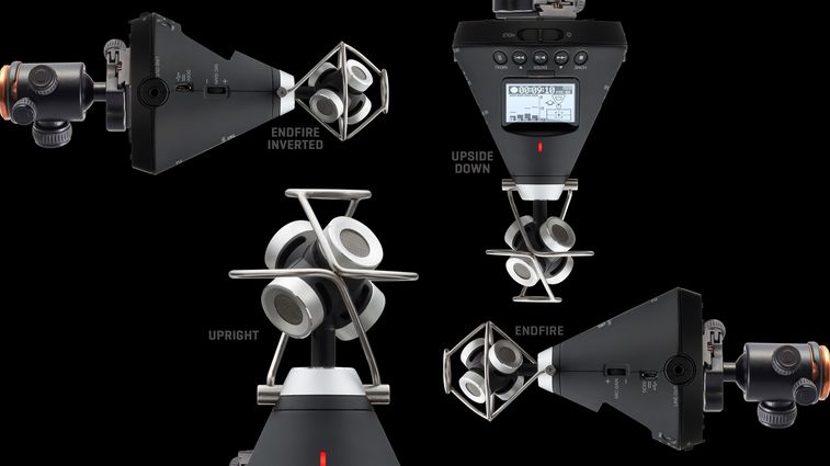 Image of the H3-VR from all recordable orientations: Upright, Upside Down, Endfire, Endfire Inverted.