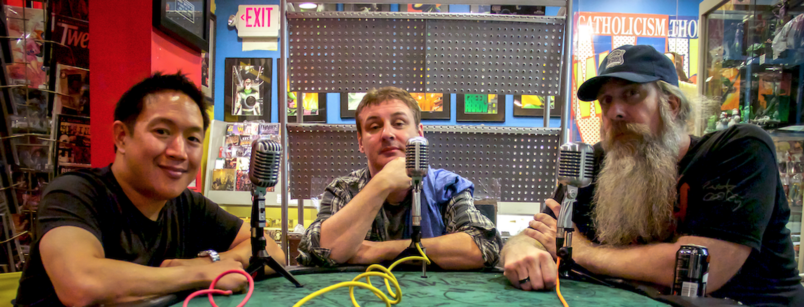 Ming Chen recording a podcast with the Comic Book Men