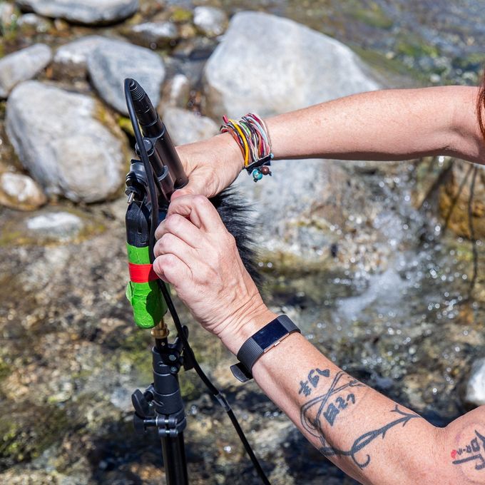Paula Fairfield monitoring sound on the F8n Pro