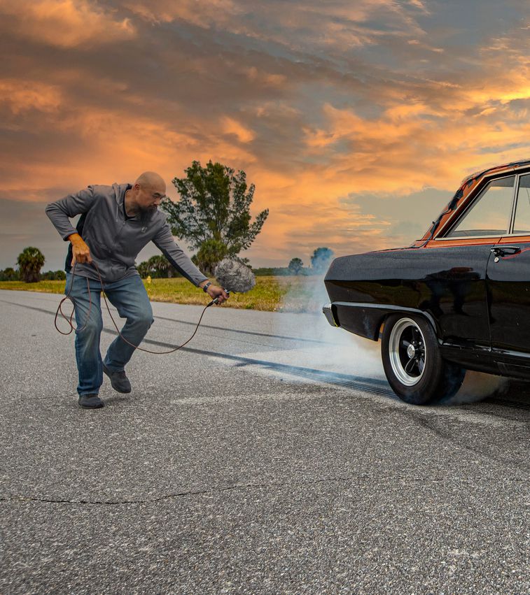 Watson Wu recording the sound of a muscle car with the Zoom F8n Pro