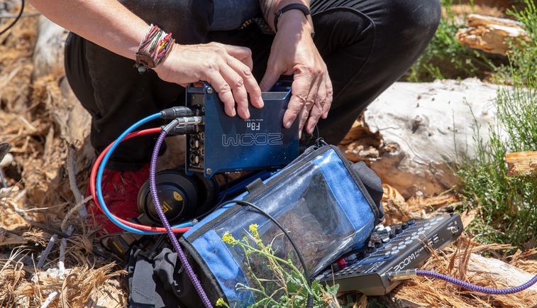 Sound designer Paula Fairfield connecting a F-Control to the Zoom F8n in the field