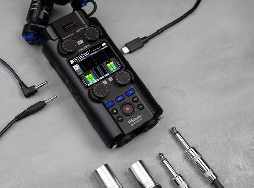 H5studio shown with all compatible inputs, including XLR, TRS, 3.5mm stereo jack, and USB-C