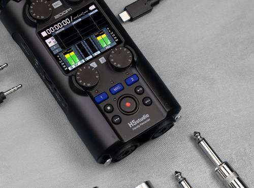 H5studio shown with all compatible inputs, including XLR, TRS, 3.5mm stereo jack, and USB-C