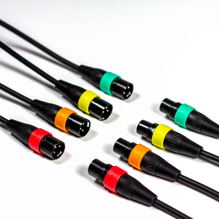 XLR cables with color ID rings in green, yellow, orange and red