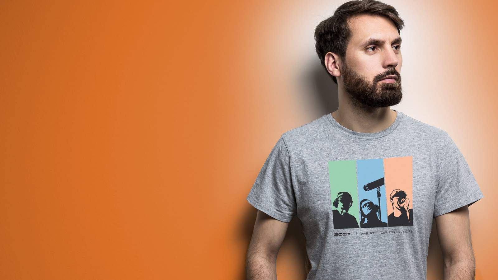Man wearing the Zoom Creators Panel t-shirt