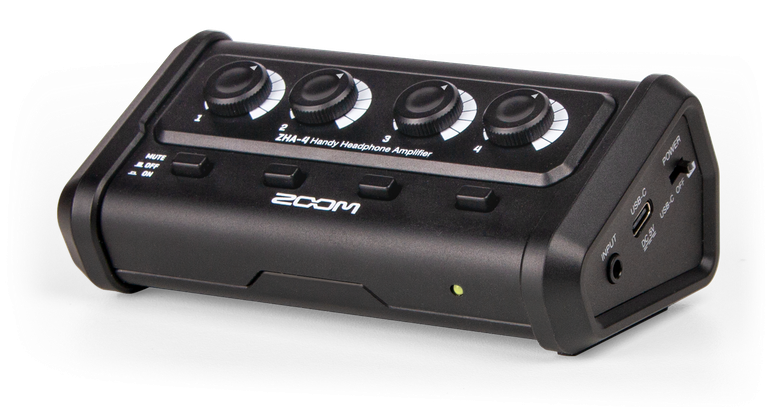 Zoom ZHA-4 Headphone Amplifier, facing front with power switch and inputs showing
