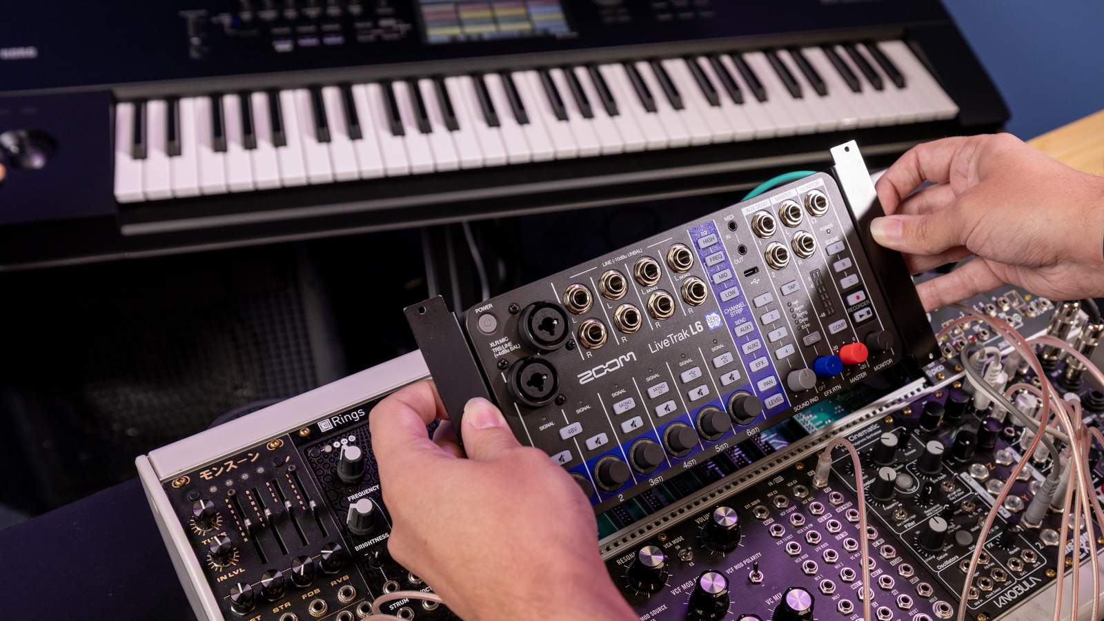 LiveTrak L6 with ERL-6 mounted, mounted on a Eurorack