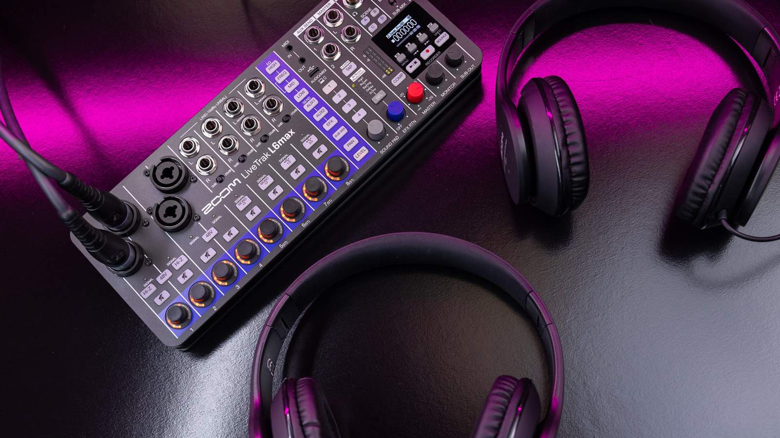 Photo showing LiveTrak L6max with 2 headphones