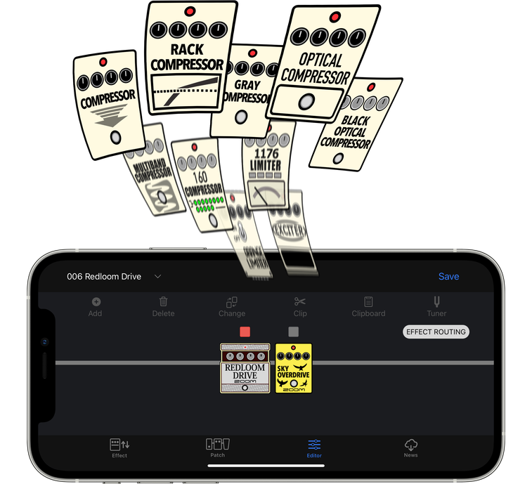 Illustration of the Handy Guitar Lab for MS-200D+ app on the iPhone, with 10 effects added all at once to the screen.