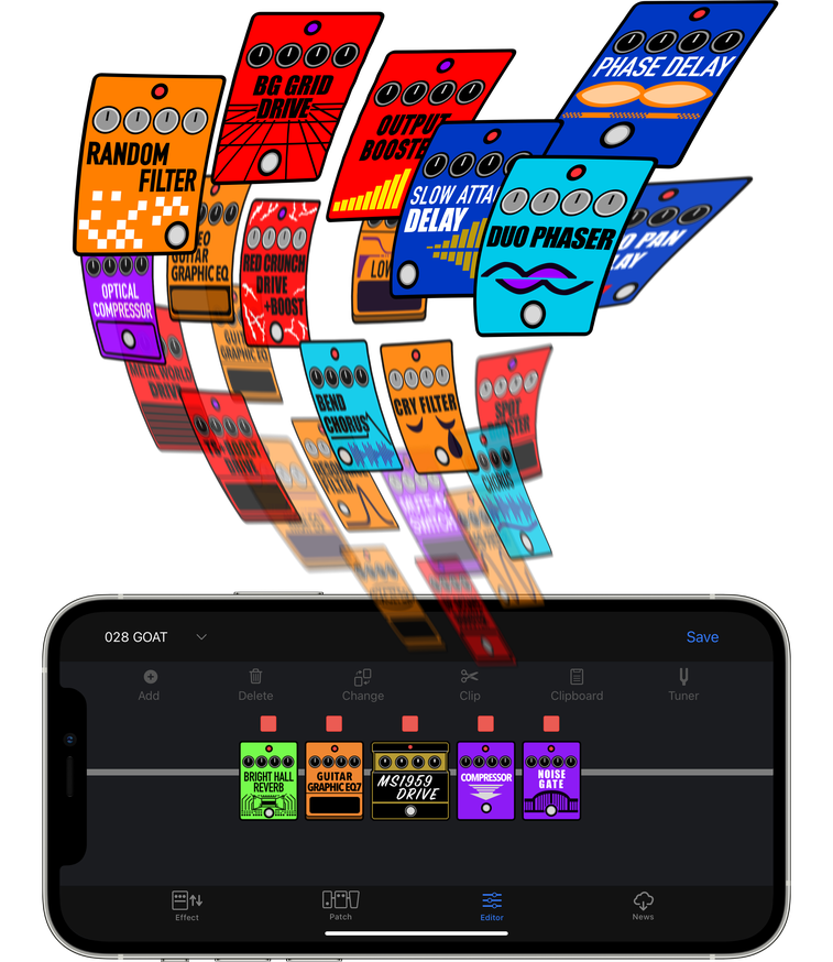 Illustration of the Handy Guitar Lab for MS-50G+ app on the iPhone, with 24 effects added all at once to the screen.