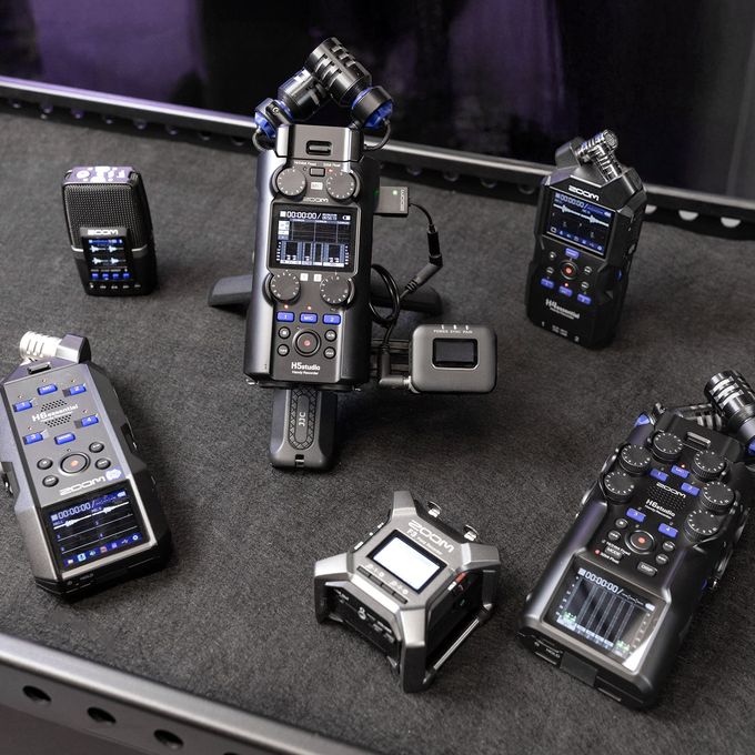 TCA-1 Timecode Adapter connected to compatible Zoom Handy Recorders, including H6studio, H5studio, H6essential, H4essential, H2essential and F3 recorders.