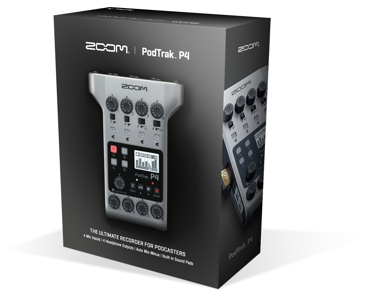 Zoom PodTrak P4 Portable Multitrack Podcast Recorder XLR Cable 4 AA Batteries and Charger Windscreen Tabletop Stand 2x Zoom M-1 Mic Top Bundle 2x Headphones 2x 32GB Memory Card Cloth 