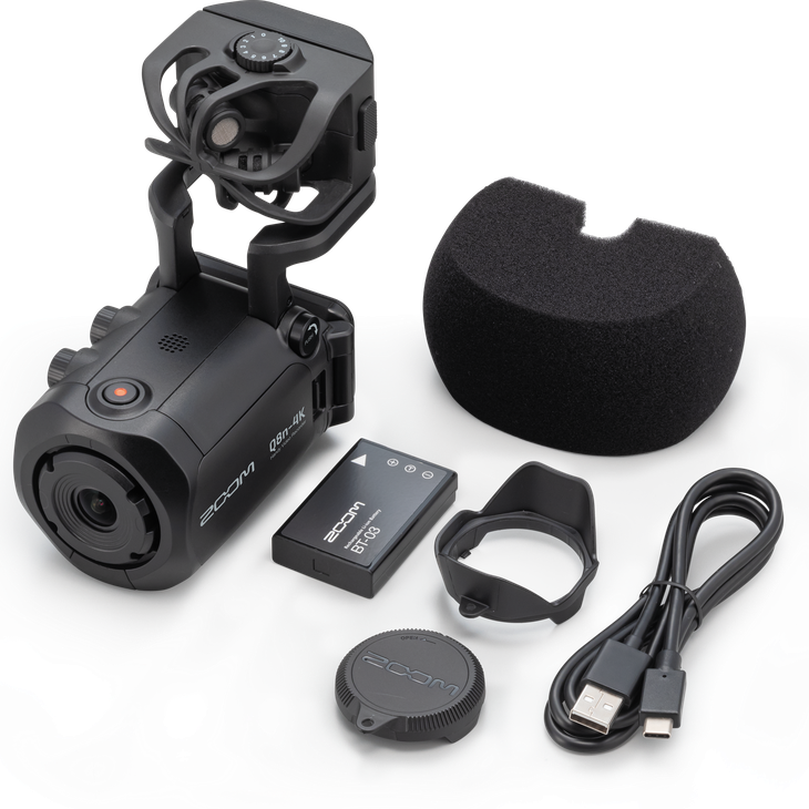 Contents of Q8n-4K package include: camera, battery, windscreen, lens cover, lens hood and USB cable