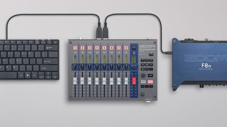 F-Control connected to a keyboard and a Zoom F8n Field Recorder