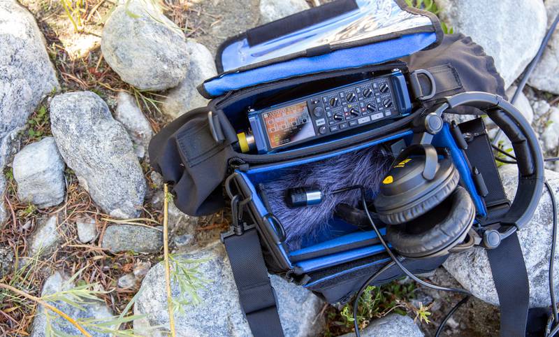 Field recording gear in a shoulder bag