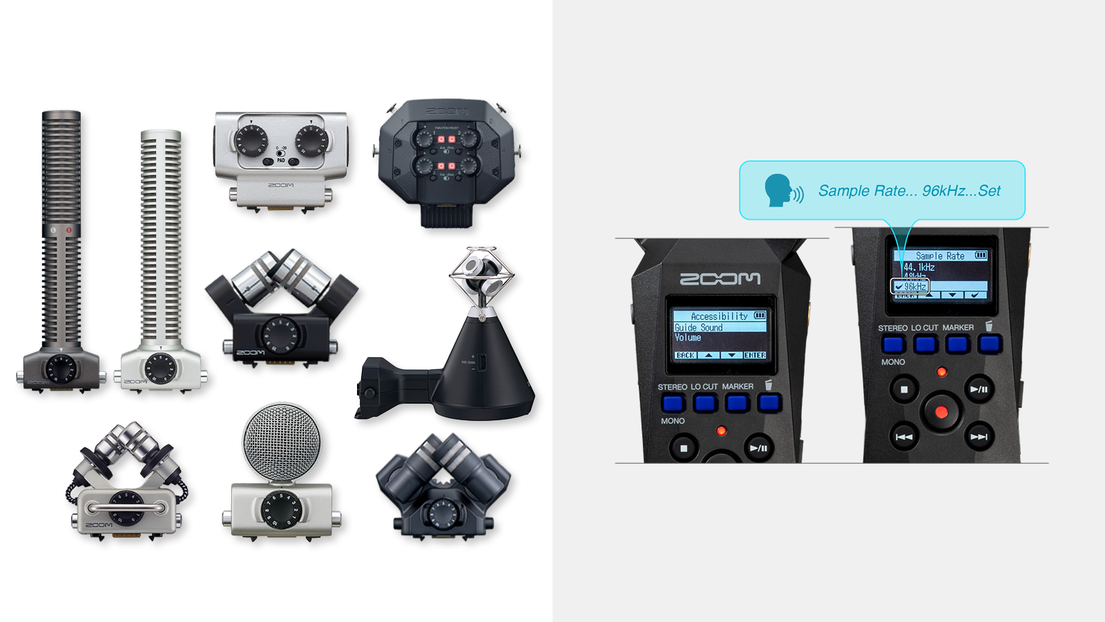 ZOOM's proprietary interchangeable microphone capsule array (left photo) and the H1essential, which reads out settings aloud (right photo)
