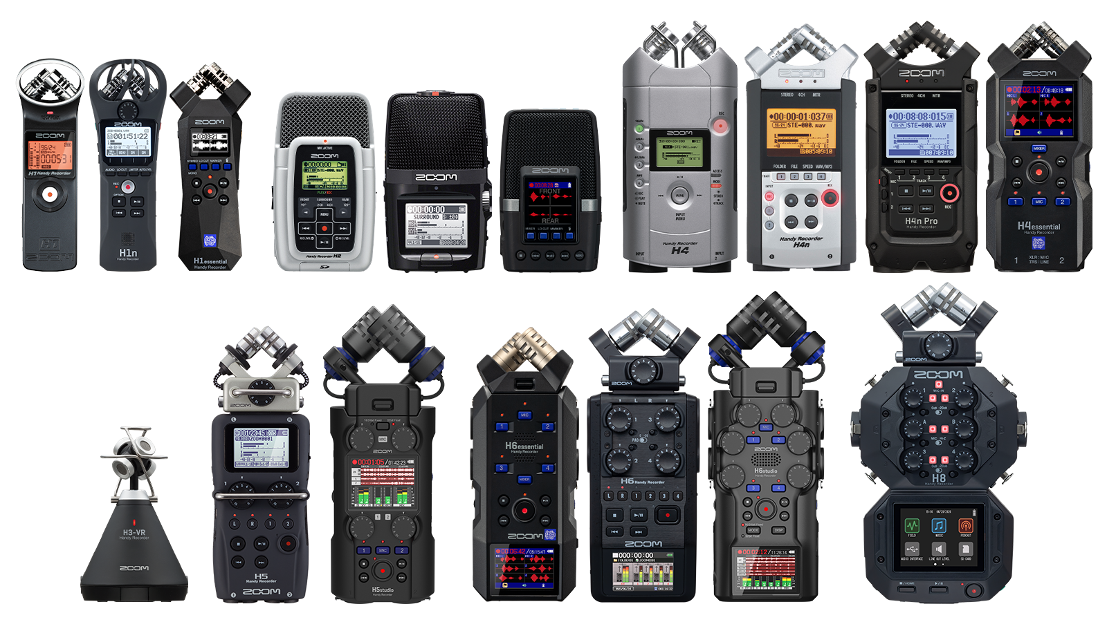 Group photo of all 17 handheld recorder models, from the first-generation H4 to the latest H6studio