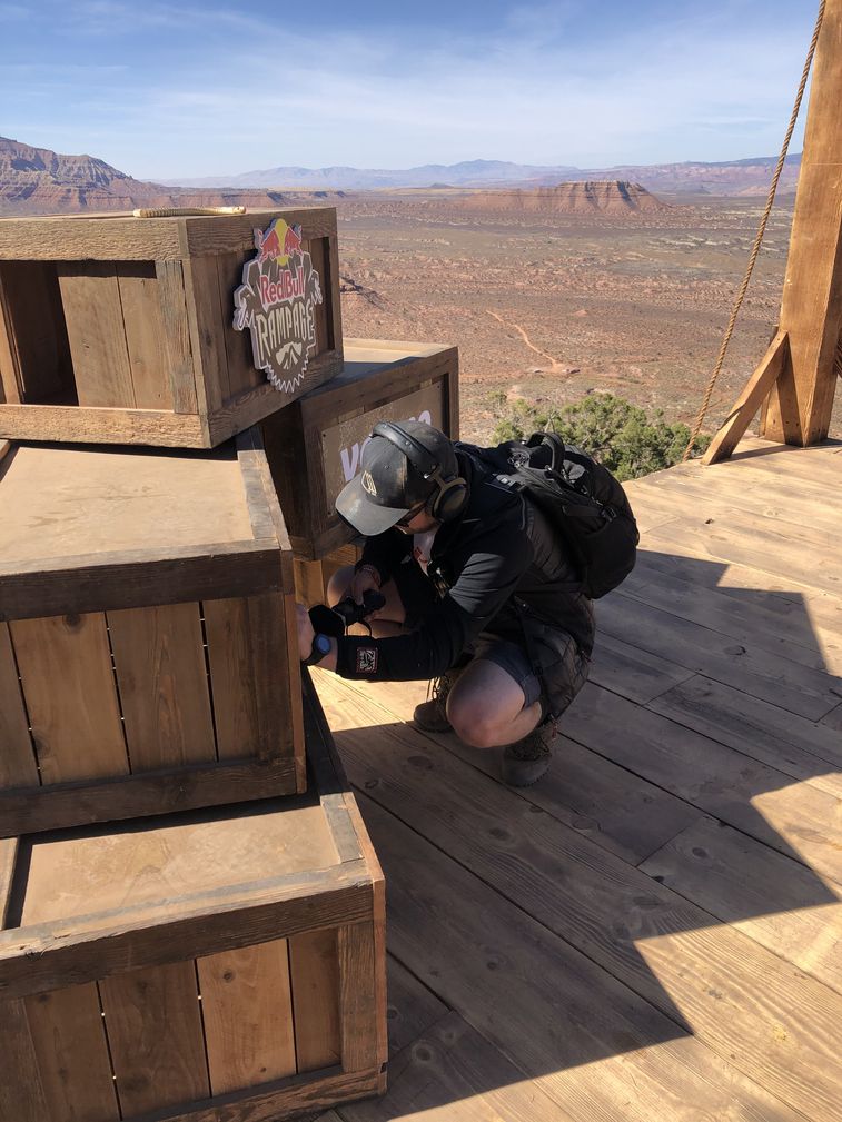 Ross lara recording audio on scene for Red Bull Rampage