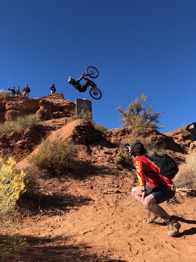 Ross Lara recording audio in the dessert at Red Bull Rampage