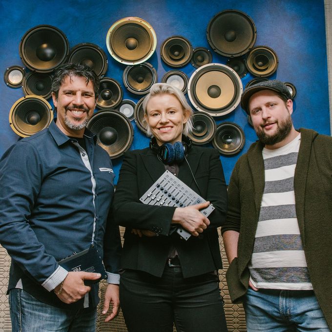 Sound professionals Mark Lanza, Anne Tolkinnen and Andrew Jones at Sony Studios in Burbank, California