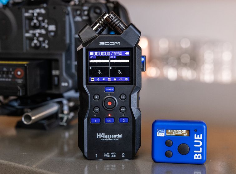 The H4essential with the BTA-1 bluetooth adapter connected to the Ultra Sync Blue time code generator